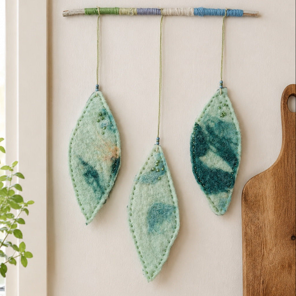 Felted Wall Art | Natural Branch Hanger | Three Leaf Design