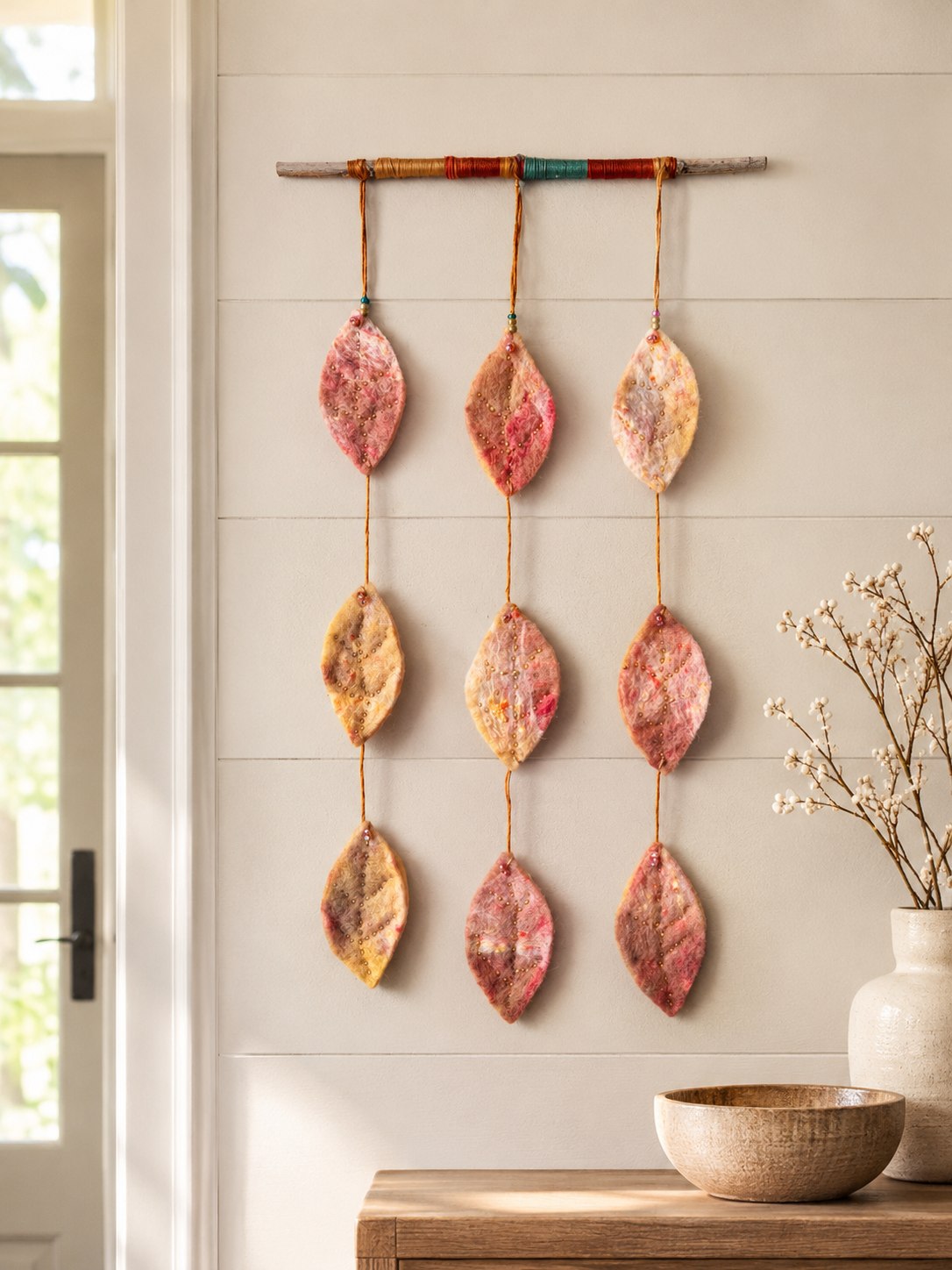 Felted Wall Art I Natural Branch Hanger I Nine Leaf Design