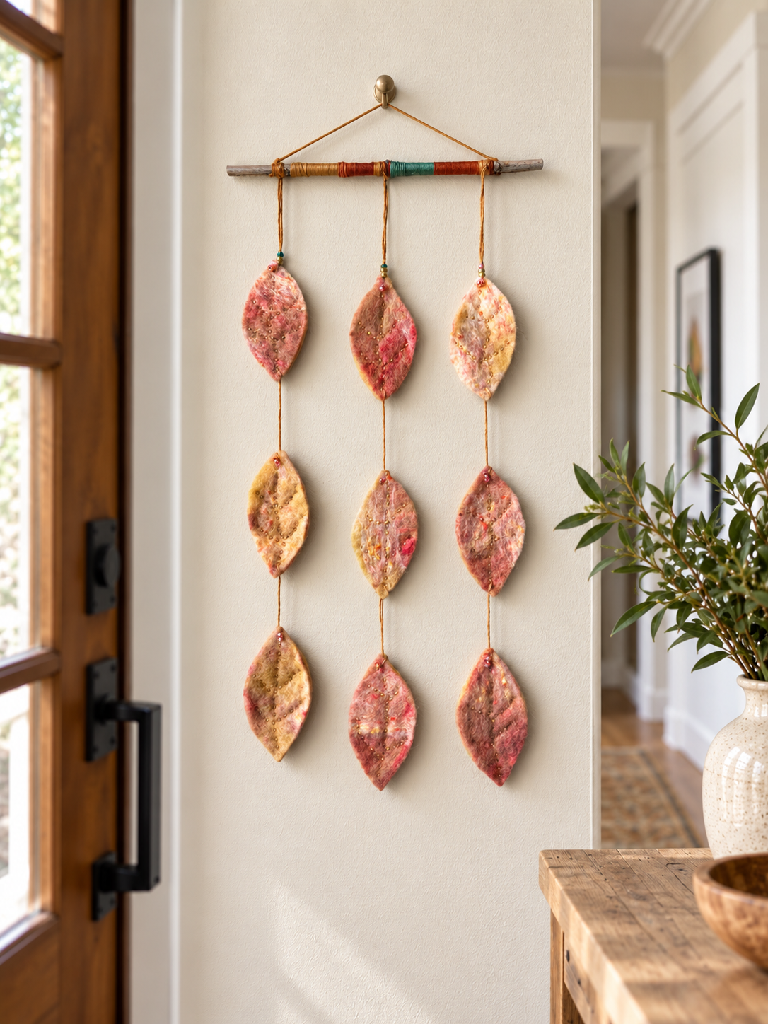 Felted Wall Art I Natural Branch Hanger I Nine Leaf Design