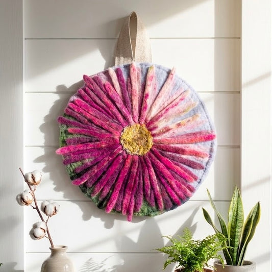 Wool Felted Botanical Wall Art | Signature Collection | Giant Aster with Ribbon