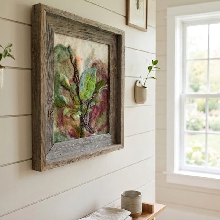 Wool Felted Botanical Wall Art | Wooden Frame | Green Leaf Design