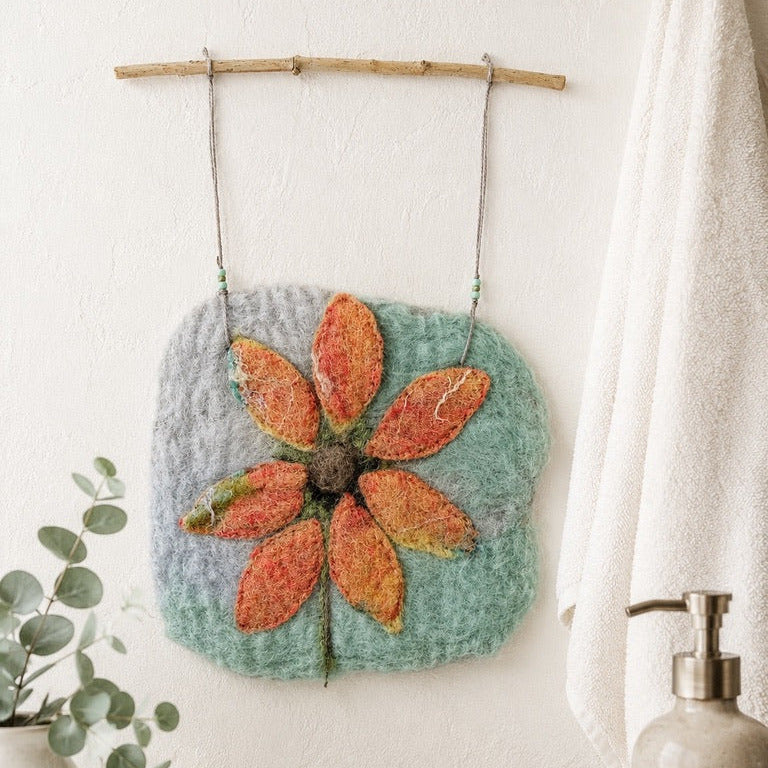 Felted Wall Art | Natural Branch Hanger | Orange Wildflower