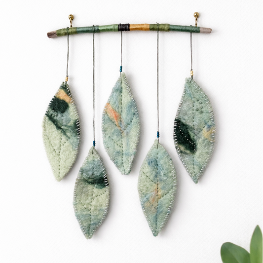 Wool Felted Botanical Wall Art | Natural Branch Hanger | Five Leaf Design
