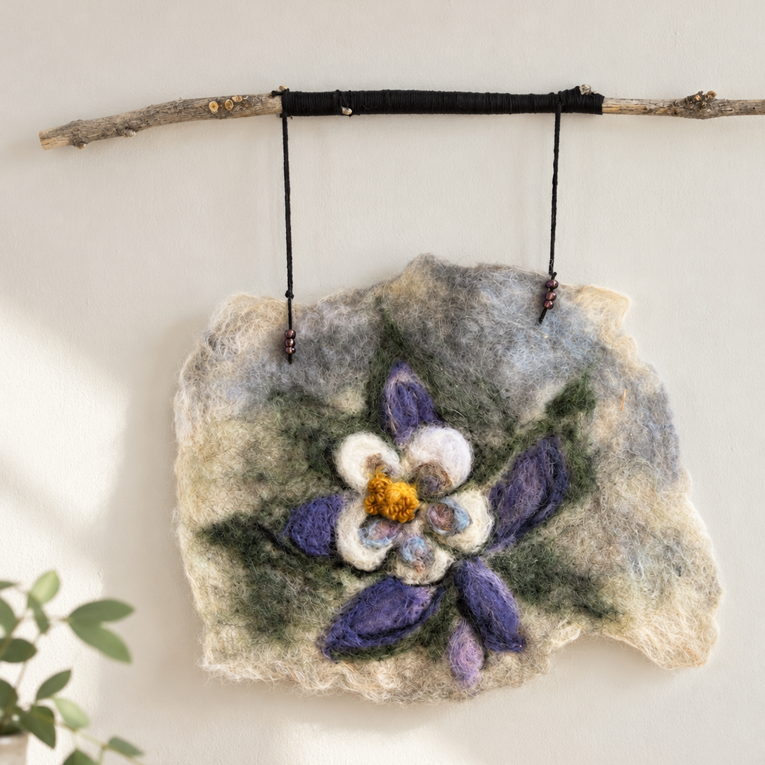 Wool Felted Wall Art I Blue Columbine Flower on a cream background with raw felted edges I stated with thread to an embellished stick