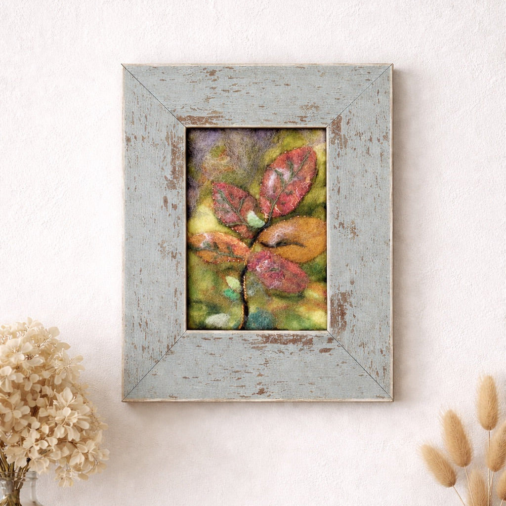 Wool Felted Botanical Wall Art - Orange Leaves in Rustic Wood Frame